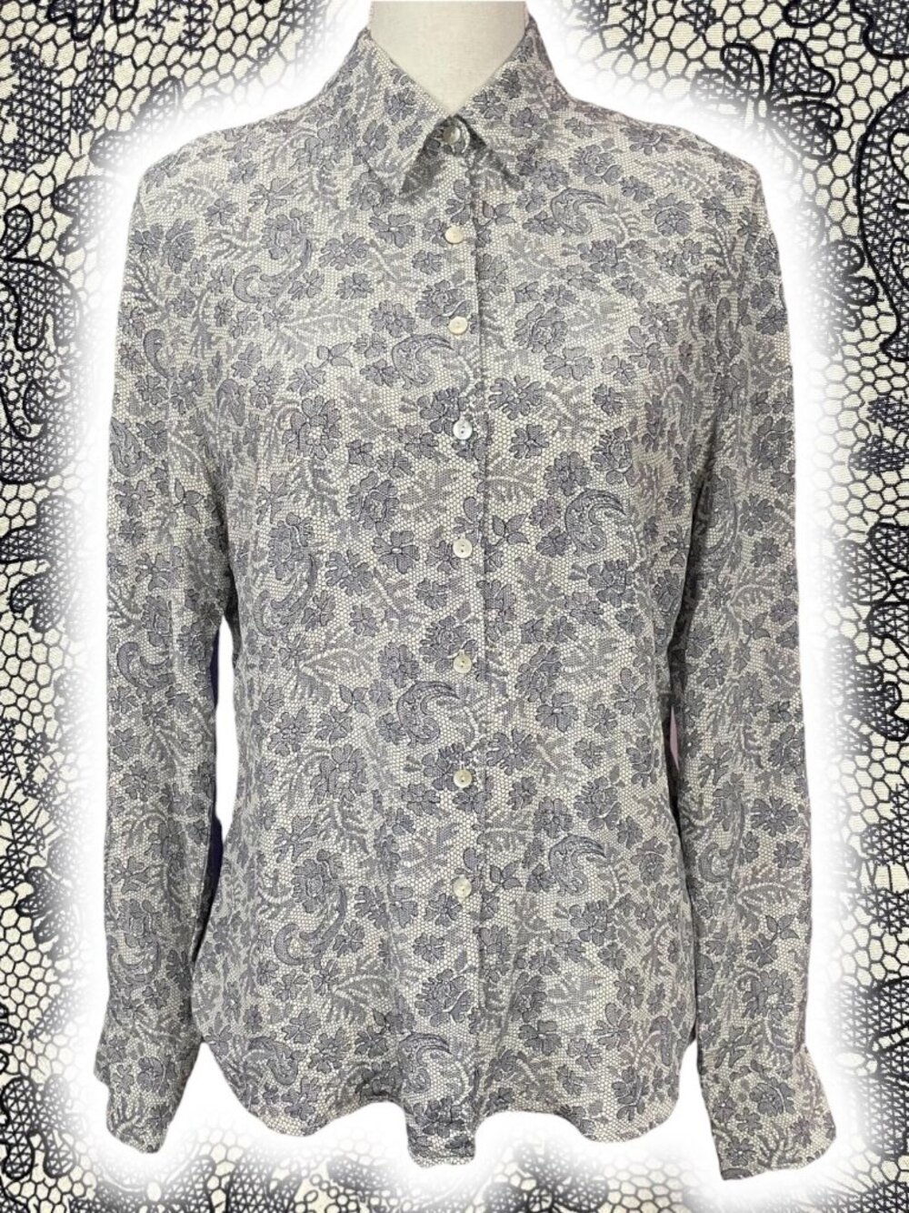 100% Silk Floral Blouse EUC 14 Button-up Shirt Long Sleeve Mother of Pearl Lace
